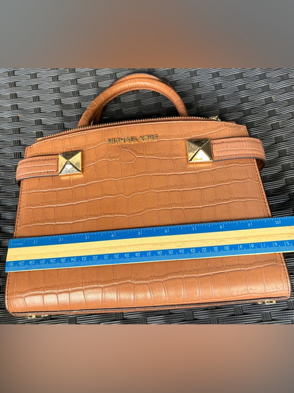 Michael Kors Cognac Croc-Embossed Top-Handle Satchel with Gold Hardware - Picture 2 of 11